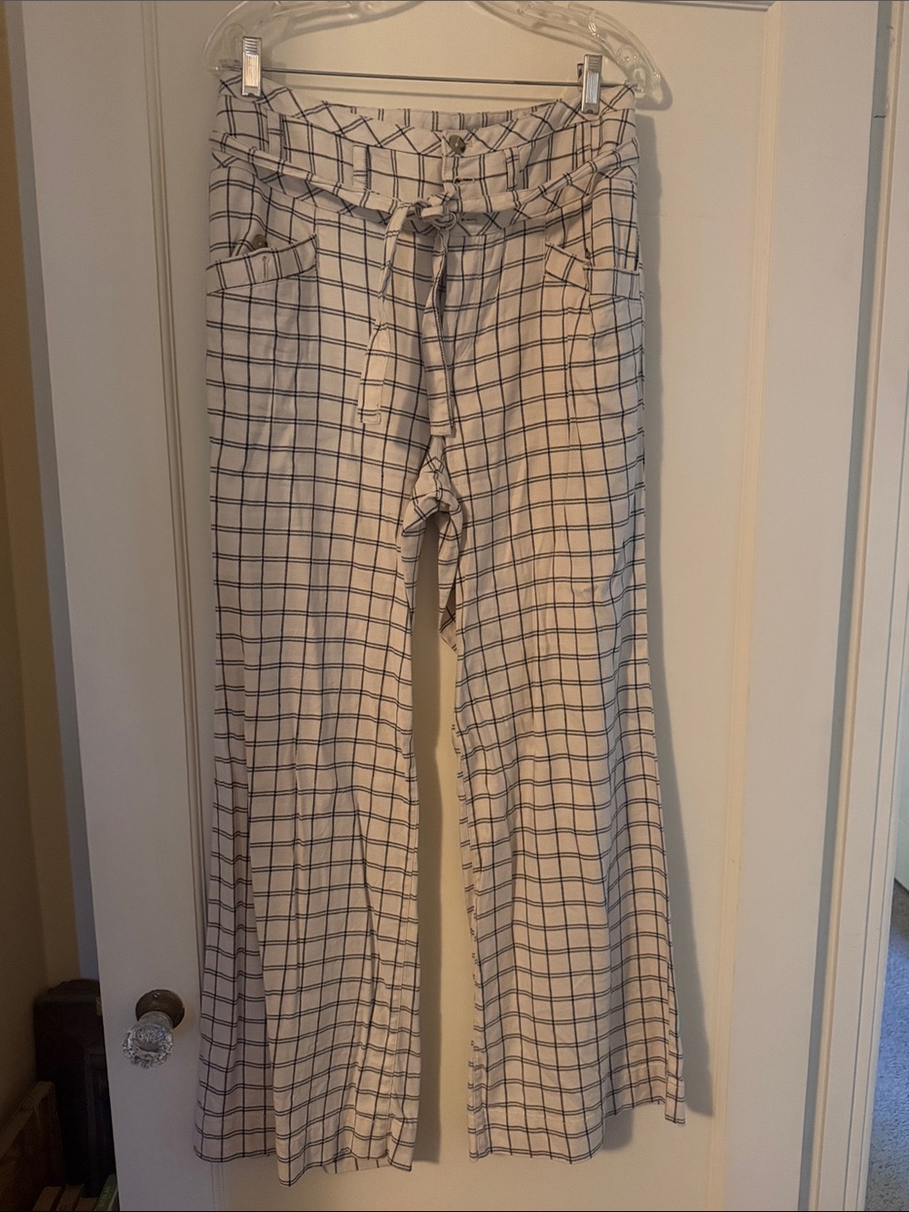 Anthropologie White Wide-Leg Pants with Black Windowpane Check